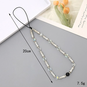 Beaded phone charm with silver bamboo beads and faceted clear stars and pearl accents