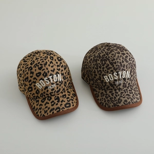Kids leopard print baseball cap with Boston 1630 embroidery in brown and tan tones