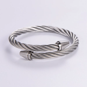 Industrial style stainless steel cable wire open bangle with polished conical ends