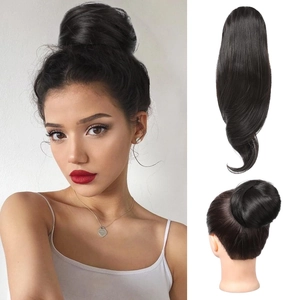 Detailed views of a black synthetic drawstring ponytail extension and hair bun styling