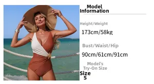 Size guide for white and caramel one-piece swimsuit with starfish gold ornament