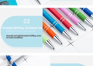 Detail view of multi-color retractable ballpoint pens featuring fluent writing ink flow