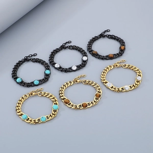Gold and black Cuban link bracelets with turquoise inlay for men and women