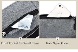 Detail of grey Oxford fabric waist bag showing front pocket and back zipper compartment