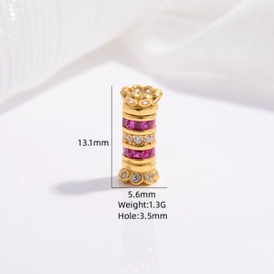 S925 silver hollow cylinder bead with rose red zircon and 3.5mm hole dimension