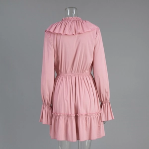 Back view of a pink V-neck chiffon dress featuring layered ruffles and an elastic waist
