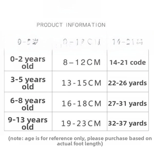 Size chart for mesh baby socks showing age 0 to 13 years and foot length in centimeters