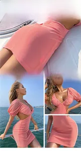 Détails de la robe rose à col en V, tissu en maille côtelée et découpes sur les côtés