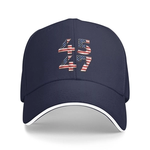 Macro shot of navy baseball cap featuring patriotic flag pattern 45 and 47 embroidery