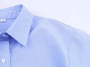 Dettaglio del colletto a rever classico e della trama a righe blu su una camicia a bottoni