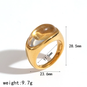 Polished gold stainless steel ring with oval amber resin stone and size specifications