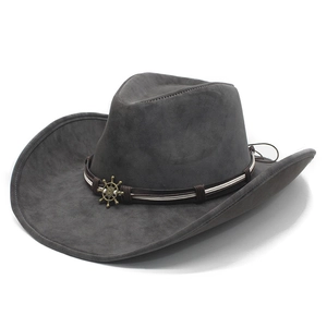 Dark grey retro western cowboy hat with wide brim and leather style braided band