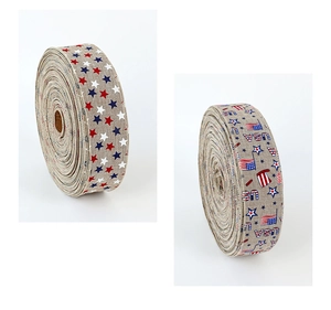 Close-up of linen-style ribbons with stars and stripes patterns for patriotic decor