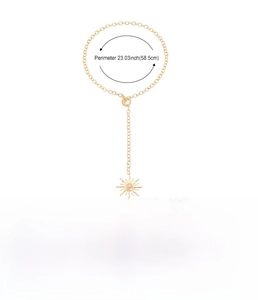 Detailed size chart of gold sun pendant necklace showing 3.8cm diameter and 58.5cm chain