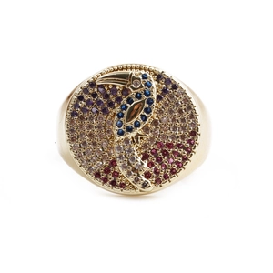 Gold-plated toucan ring with colorful cubic zirconia stones on white background