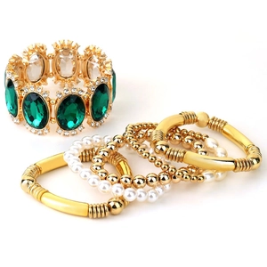Vintage gold bracelet set with green gemstone, pearls and sparkling crystals for women