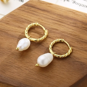 Stainless Steel Artificial Baroque Pearl Drop Hoop Earrings Twisted Texture Vintage French Style Elegant Jewelry For Women