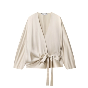 Damen Langarm Satin Wickelbluse V-Ausschnitt Elegant Taille Bindegürtel Schleife Hemd Einfarbig Oberteil