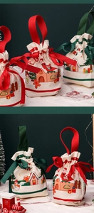 Detail of Christmas drawstring gift bags with festive gingerbread and snowman prints