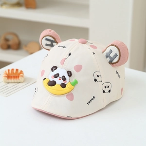 Detailed view of panda banana patch and pink ears on baby sun hat for spring