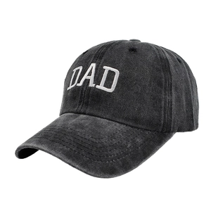 Detailed side view of washed dark gray cotton baseball cap with white DAD embroidery