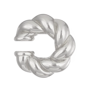 Detail view of silver C-shaped ear cuff with twist texture and polished metallic finish