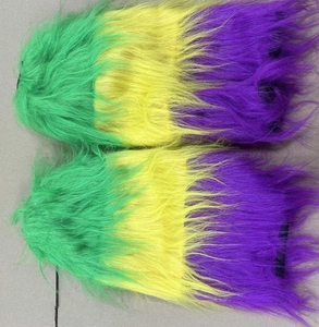 Detail of colorful gradient faux fur wolf costume leg warmers for Halloween cosplay