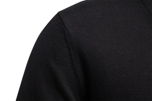 Close-up of shoulder seam craftsmanship and premium knit texture on a black men cardigan