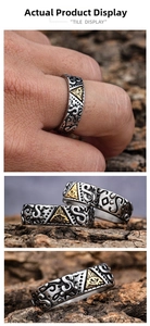 Detail of vintage stainless steel Eye of Horus ring with silver and gold embossed finish