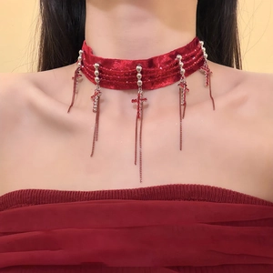 Velvet Rhinestone Cross Tassel Choker Necklace Gothic Punk Sweet Cool Style Adjustable Neckwear Jewelry For Women