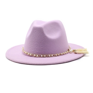 Stylish light purple wool fedora hat with elegant pearl chain and tassel decorations