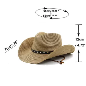 Detailed size chart for bohemian straw cowboy hat with dimensions in cm and inches