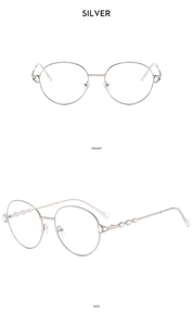 Detail view showing silver round metal frame sunglasses with crystal drop temple accents