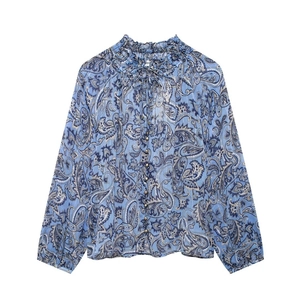 Camicetta In Chiffon Da Donna Stampa Paisley Collo Alto Con Volant Fiocco Maniche Lunghe Retrò Elegante