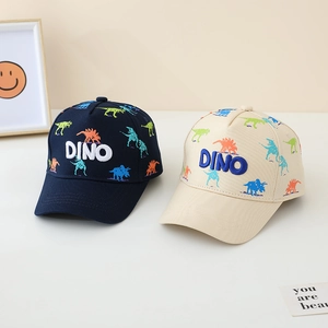 Detailed view of kids dinosaur baseball caps with 3D DINO embroidery and colorful prints
