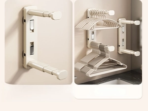 Detail of suction cup hanger rack with telescopic rod for wall-mounted storage