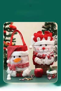 Detail of knitted Christmas gift bags with snowman designs and festive holiday decorations