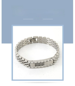 Close-up of men's silver stainless steel watch-band link bracelet with a secure clasp