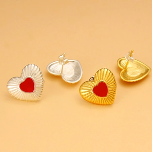 925 silver heart stud earrings with red oil drip texture in gold and silver plating