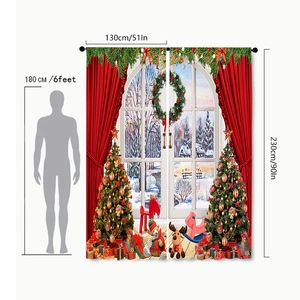 Christmas polyester curtain with festive tree and gift prints including size measurements