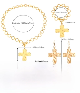 Detailed size chart for gold snail swirl cross necklace, bracelet, and earring set