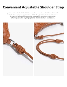 Close-up of woven caramel leather bag with adjustable strap and silver metal ring