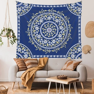 Bohemian dark blue mandala tapestry with yellow floral patterns for living room decor