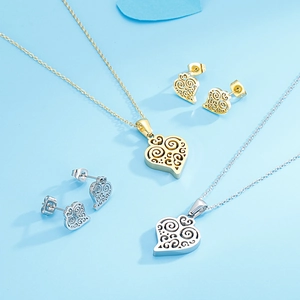 Stainless Steel Heart Pendant Necklace And Earrings Jewelry Hollow Swirl Pattern Minimalist Elegant Gift For Women