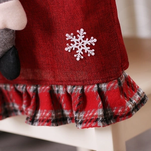 Christmas chair cover with red linen texture, snowflake prints and red-grey plaid ruffles