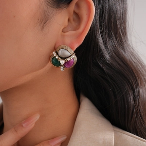 Retro Stud Earrings Colorful Resin Faux Gemstone Alloy Rhinestone With Silver Earring Post Vintage Geometric For Women