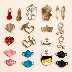 Cartoon enamel medical charms set featuring thermometer nurse hat and mask pendants