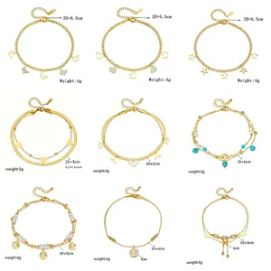 Set of 9 gold stainless steel heart and butterfly anklets with weight and size details