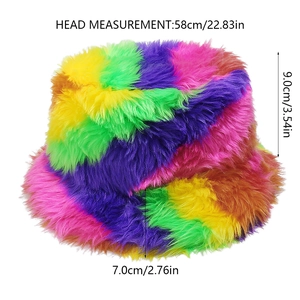 Rainbow tie-dye plush bucket hat showing 58cm head circumference and 9cm height measurements