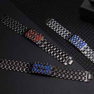 Close-up of LED samurai watches with metal chain bands in black and silver finishes